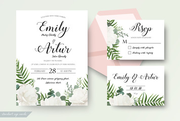 Wedding cards floral design. Invite, invitation, rsvp, response card save the date set. White garden rose peony flower forest fern, green tropical palm leaf, silver dollar eucalyptus branch decoration