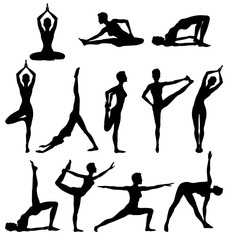 Silhouettes of woman practicing yoga, relaxation and meditation