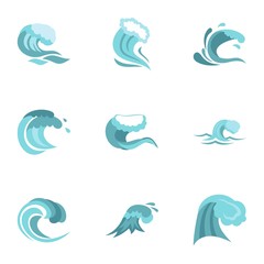 Water wave icons set, flat style