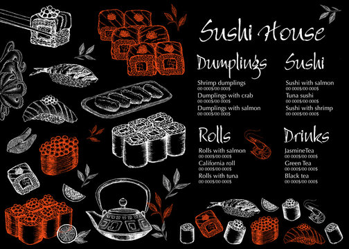 Sushi menu for restaurant and cafe.