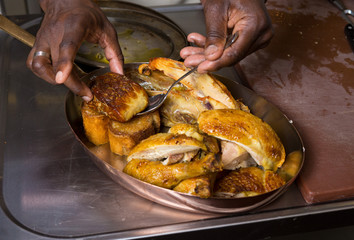 Roast chicken Foie gras being served in a metal pan