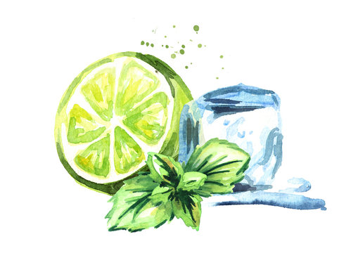Ice cube and green lime with mint composition isolated on white background. Watercolor hand drawn illustration
