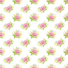 Pink roses bouquets. Watercolor illustration. Seamless pattern design paper.