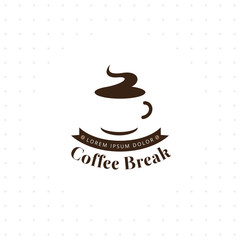 Coffee break logo. Vector logo for coffee shop. Coffee cup or tea silhouette isolated on white background. Retro vintage insignia or logotype. Vector logo template