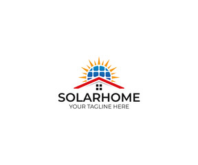 Solar home logo template. Solar panel and sun vector design. Renewable energy illustration