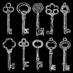 Big set of retro keys, vintage style. Key collection illustration for antiques decoration.  Ornamental medieval collection. Hand drawn old realistic design Vector.