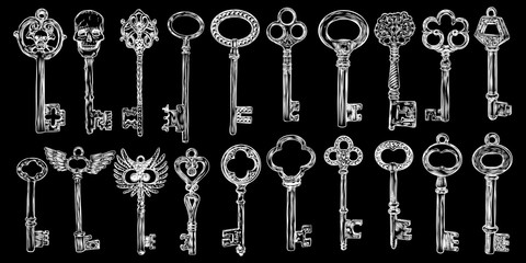 Ornamental medieval vintage keys set with intricate design, Victorian leaf scrolls and hand drawn heart shaped swirls,  composed of flower-de-luce shapes.  Vector.
