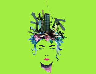 Big city life concept . Fashion women with the modern city on her head.Vector Illustration