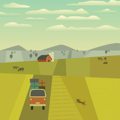Green valley landscape. Freehand drawn cartoon outdoors retro style. Farm house, country road on meadows, fields. Rural community. Farming cows on  hills. Vector village countryside scene background