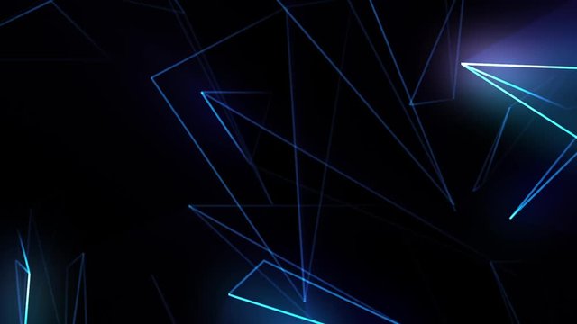 Abstract cg polygonal neon blue triangles. Geometric poly light triangle motion background.