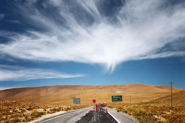 Works on the road before arriving at the Valley of Happiness near Cariquima and Colchane in the Tarapaca region, Chile