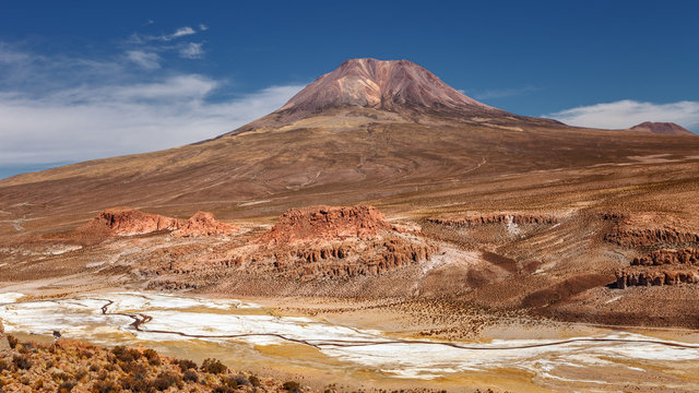 Landscape with the Cariquima volcano in the background, near the town of Cariquima and Colchane, in the Tarapaca region, Chile