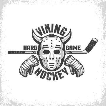 Hockey retro emblem for team, club, league. Goalie mask with Viking horns, stick and gloves. Vorn textures on separate layer and easily turn off.