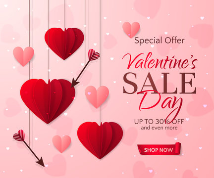 Vector romantic template of sale flyers and banners for Valentine’s Day. Festive pink background with red paper hearts, arrows and a ribbon for discount and special offers. With place for text.
