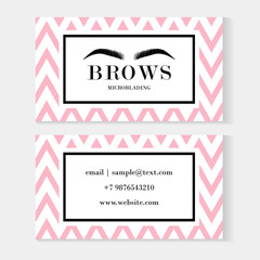 Set of brow artist business cards template with beautiful eyebrows for logo of master eyebrows and microblading master. Business card template. Modern card on pink and white background with zigzag