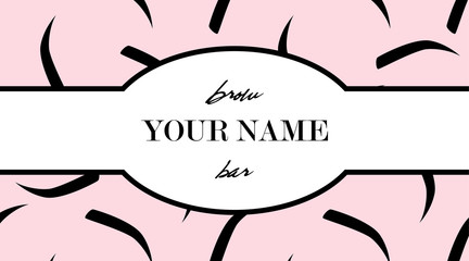 Brow design logo business card template with eyebrow and with eyebrows seamless print on pink background. Vector logo for beauty studio brow bar, Female graphic Eyebrow Illustration