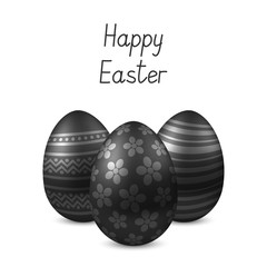 Vector Happy Easter greeting card with eggs. Text 'Happy Easter'. Self-made font. Three black painted easter eggs. 3D illustration