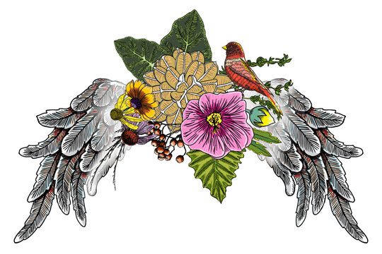 Beautiful illustration with lily, roses and chamomiles flowers and birds wings in blackwork tattoo flash style hand drawing concept. Ornate fashioned angel wings and elegant vintage floral. Vector.
