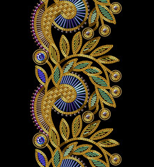 Embroidery Vector Seamless Pattern. Black Background.