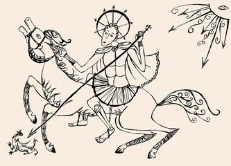 Mythological horseman strikes the dragon with a spear