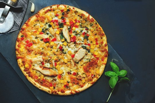 Chicken Fajita Pizza Isolated On Black With Copy Space