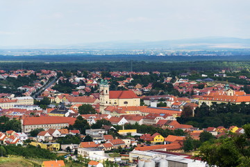 Fototapeta na wymiar Church and castle in Valtice baroque town panorama, part of UNESCO World Heritage Site, Moravia, Czech Republic
