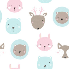 Seamless pattern with cute forest animals. Vector hand drawn illustration.