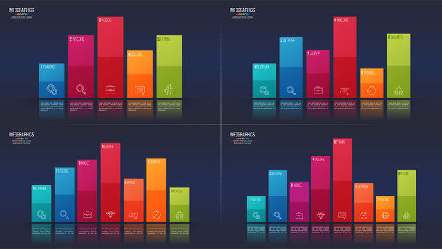 Easy editable vector 5 6 7 8 options infographic designs, bar charts, presentation templates.