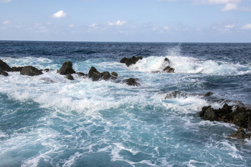 Lava pools swimming pool complex, Porto Moniz, Madeira, Portugal, wild ocean and waves