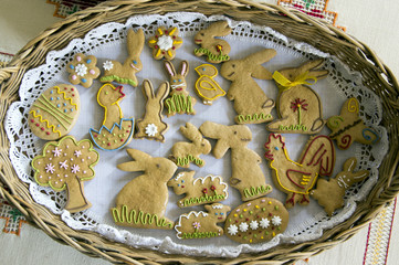 Czech easter gingerbread in wicker basket on tablecloth, comical easter animals