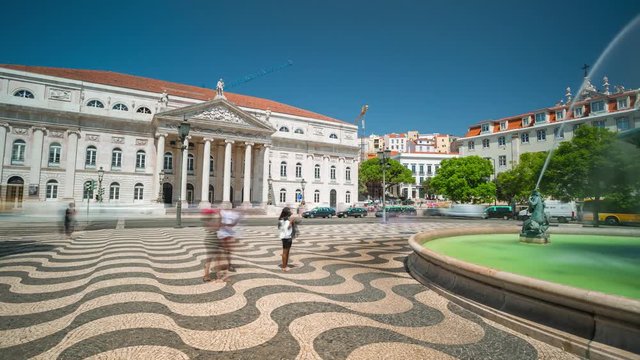 4k Lisbon Portugal Rossio square motion timelaspe hyperlapse UHD city funtain