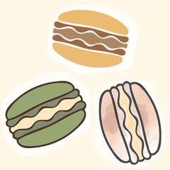 Realistic colorful macaroon dessert vector set isolated on white. Color macaron emblem for cafe, confectionery. Sweet confection. Macaroon goods classic simple design. Retro style in pastel colors.