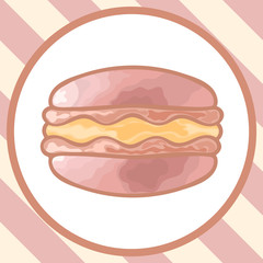 Realistic colorful macaroon dessert vector image isolated on white. Pink macaron emblem for cafe, confectionery. Sweet confection. Macaroon goods classic simple design. Retro style in pastel colors.