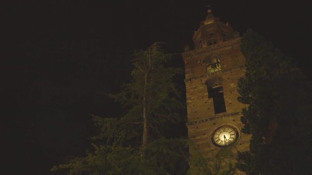 Bell tower of a church between two trees, at night.