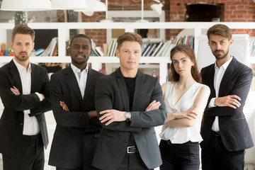 Successful multinational professionals team portrait, multi-ethnic group of confident diverse...
