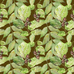 Watercolor, pattern. Ripe hazelnuts on a tree - 187927951