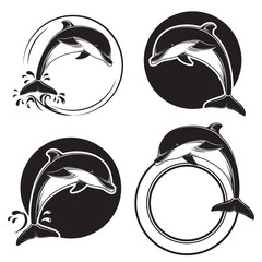 Set of vintage dolphin icons, emblems and labels with waves and water drops © Dar_ria