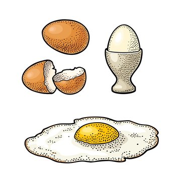 Fried egg and broken shell. Vintage color engraving illustration