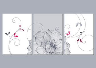 A set of 3 canvases for wall decoration in the living room, office, bedroom, kitchen, office. Home decor of the walls. Floral background with flowers of dahlias. Element for design. 