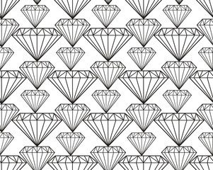 Diamond seamless pattern, line, sketch, doodle style. Modern trendy endless background with jewelry. Gems repetitive texture. Gemstone wallpaper, backdrop, paper. Vector illustration