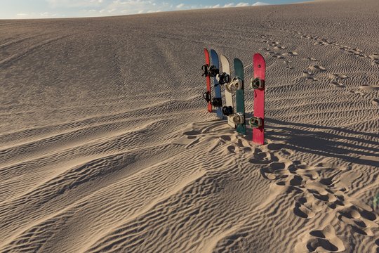 Sandboards kept in a row on sand