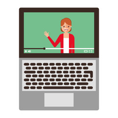 young woman waving happy in laptop avatar character vector illustration