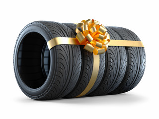 Car tires wrapped in a gift ribbon with a bow 3D - obrazy, fototapety, plakaty