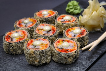 Sushi rolls with ginger and wasabi