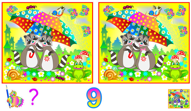 Logic puzzle game for children and adults. Need to find 9 differences. Developing skills for counting. Vector cartoon image.