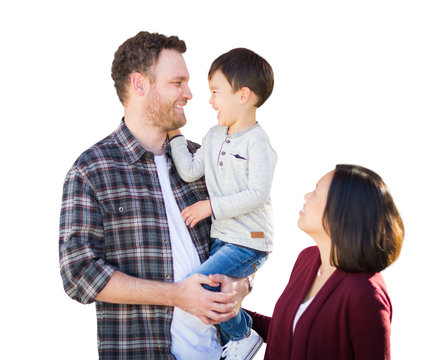 Young Mixed Race Caucasian and Chinese Family Isolated in a White Background.