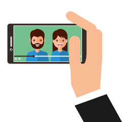 young couple happy in smartphone avatar character vector illustration design