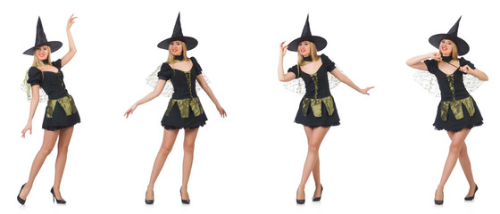 Fototapeta premium Beautiful witch in black dress isolated on white