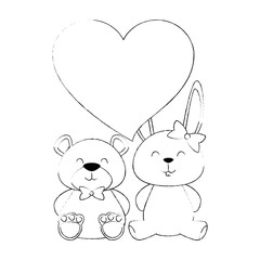 cute bear teddy and rabbit with heart