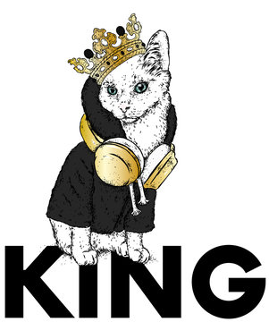 Elegant cat with crown and jacket. Vector illustration for greeting card, cup, print on clothes. Animal in clothes and accessories.